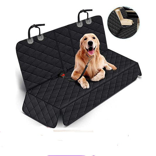 Black car seat cover with a dog sitting on it, on a white background