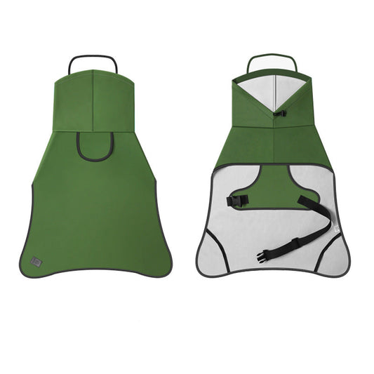 Green and white raincoat with a strap on a white background