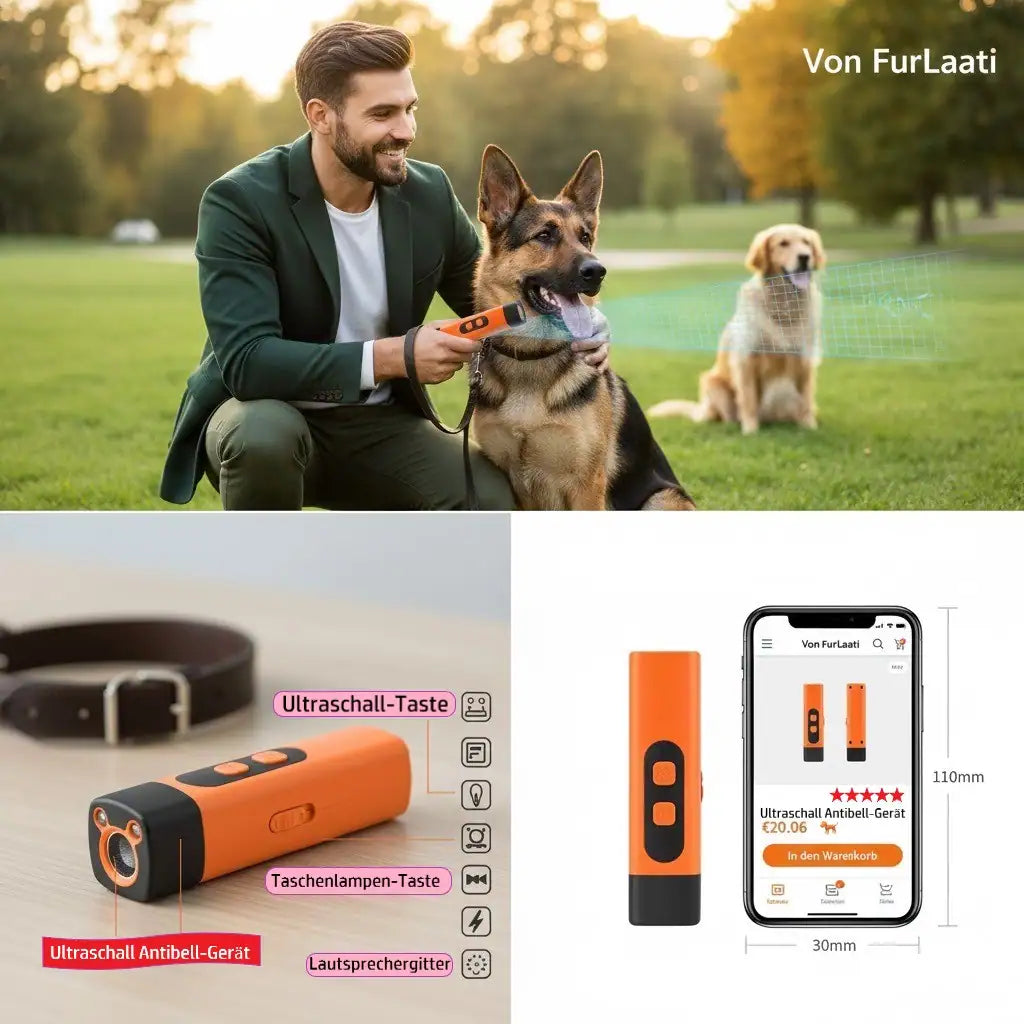 Orangefarbener Ultraschall-Hundetrainer von Von FurLaati – Professionelles Antibell-Gerät mit Hochfrequenz-Ultraschall, LED-Lichtern und einstellbaren Modi zur effektiven Hundeerziehung.