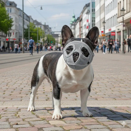 Dog wearing a muzzle on a city street