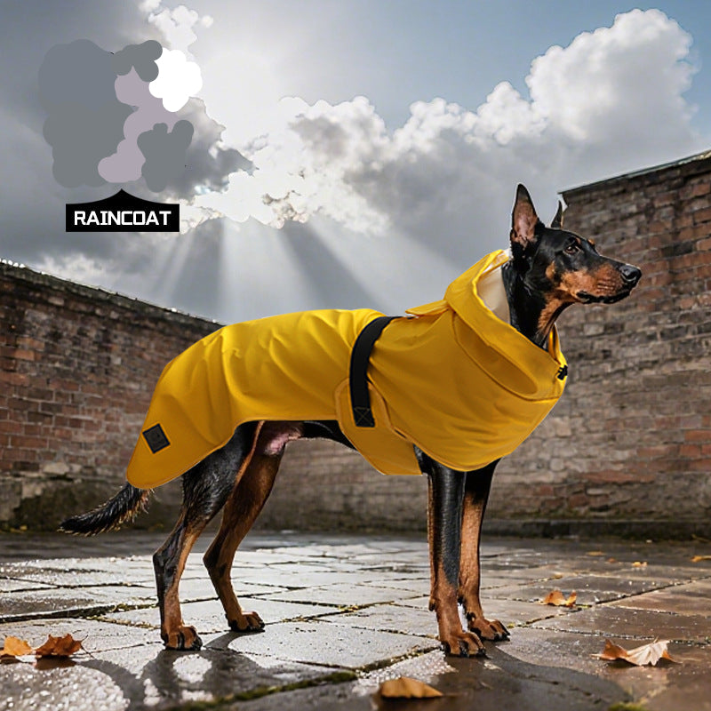 Dog wearing a yellow raincoat with a brick wall and cloudy sky in the background