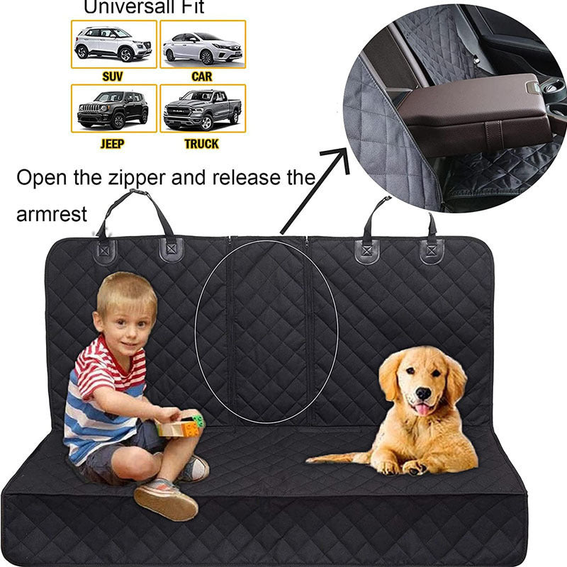 Black car seat cover with a child and dog on it, showing how to open and use the armrest.