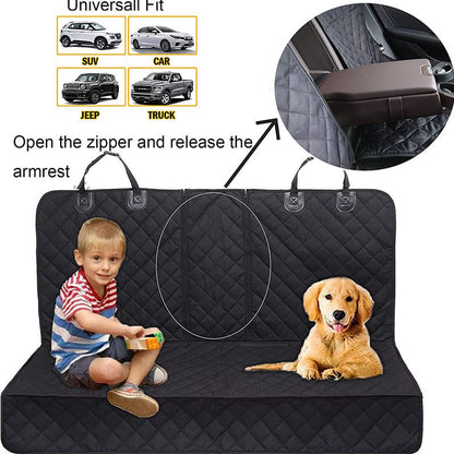 Black car seat cover with a child and dog on it, showing how to open and use the armrest.