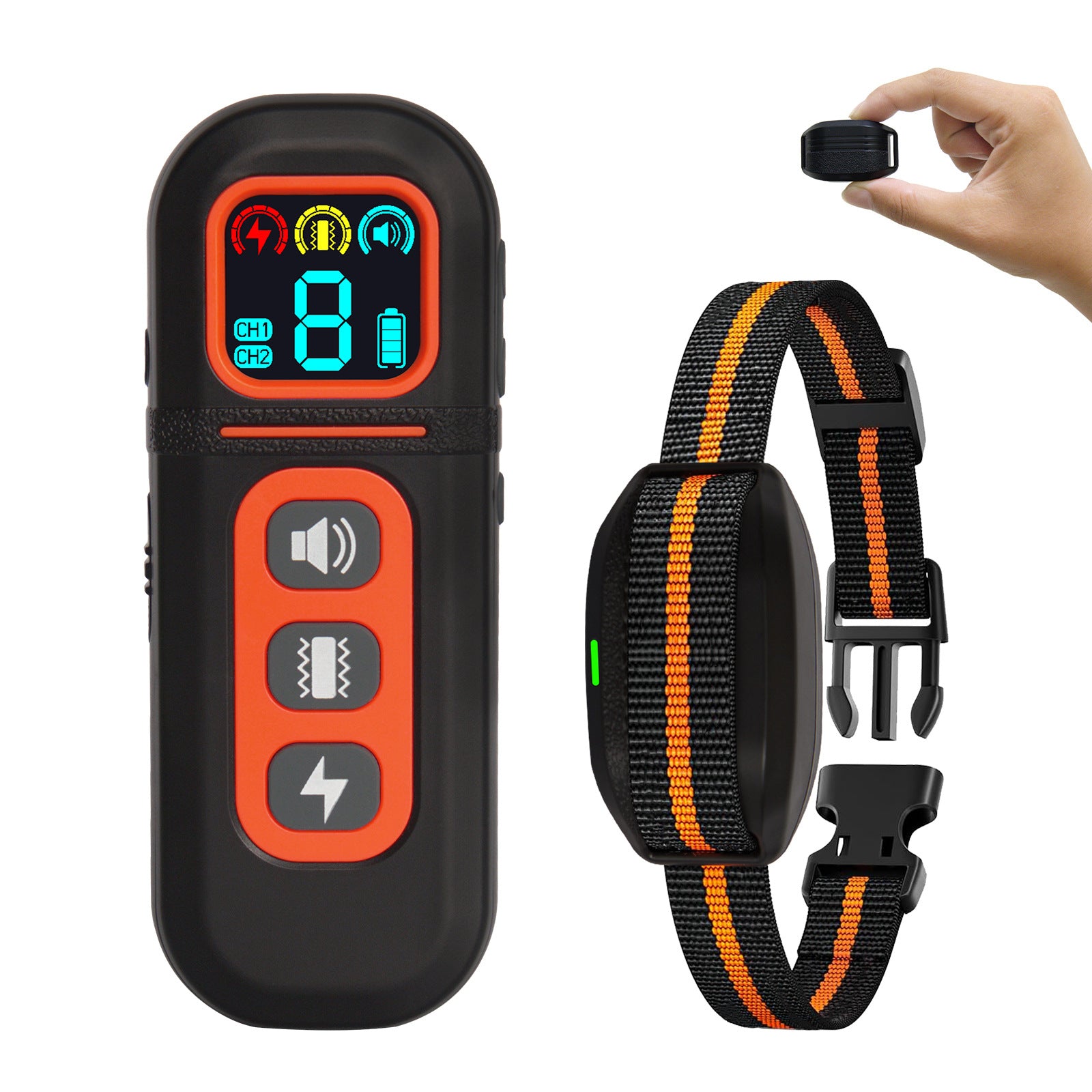 Dog training remote control with digital display and a black and orange dog collar on a white background.
