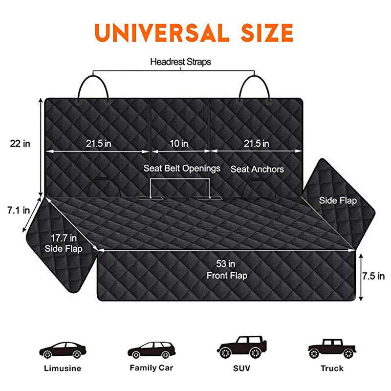 Measurement chart of a black car seat cover with dimensions and car types it fits.