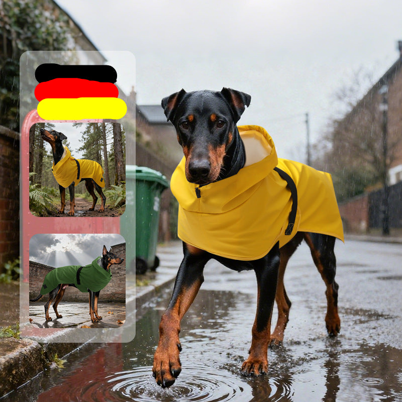 Dog wearing a yellow raincoat walking on a wet street