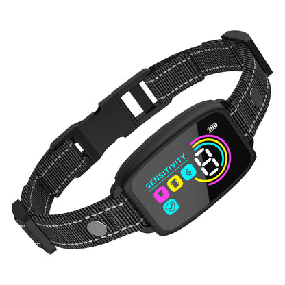 Black dog collar with a digital display on a white background