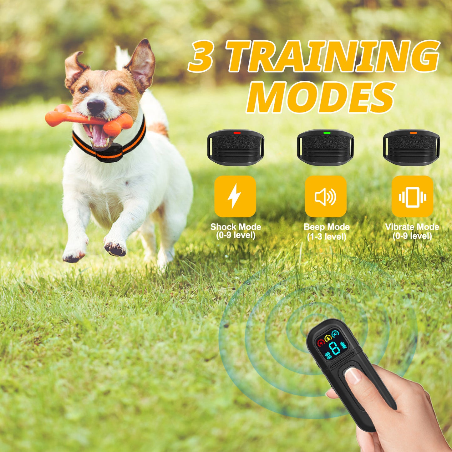 Dog training collar with remote control on grass, showing three training modes.