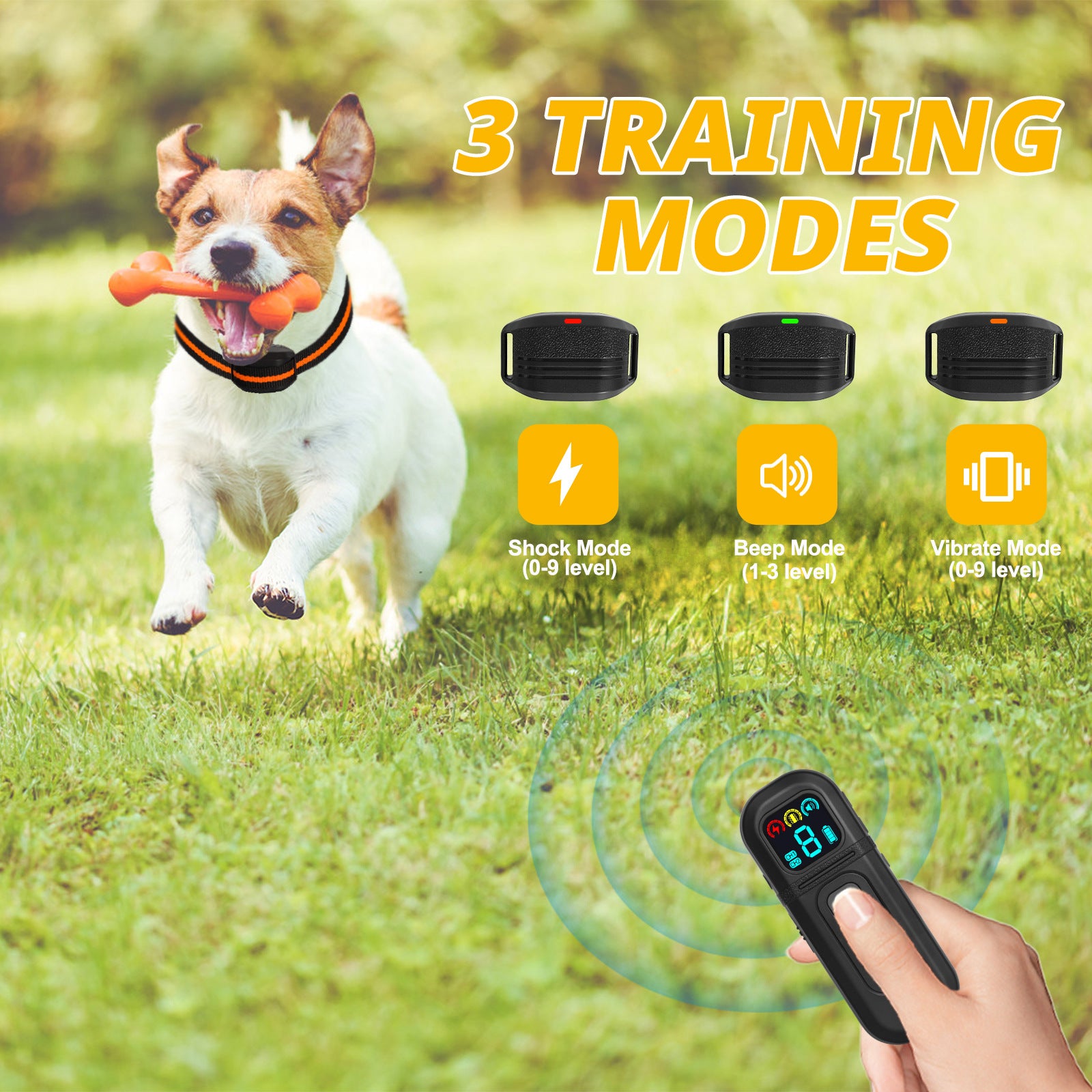 Dog training collar with remote control on grass, showing three training modes.