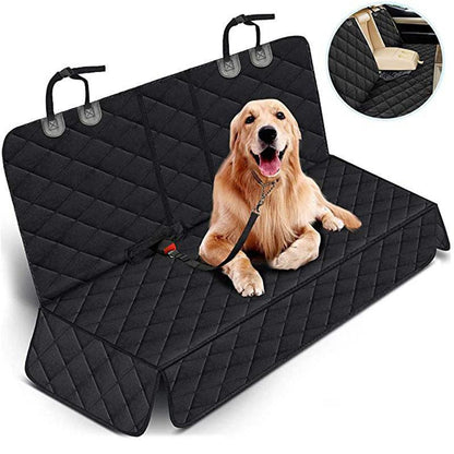 Dog sitting on a black car seat cover with a detailed view of the cover's texture.