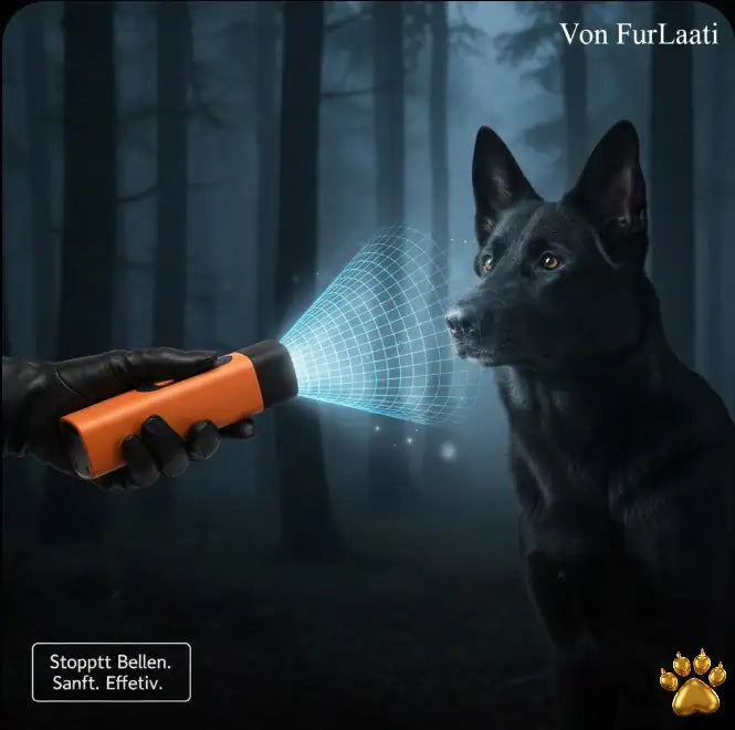 Von FurLaati Ultraschall Antibell-Gerät Set: Professionelles Hundetraining im Freien, Detailansicht der Bedientasten und Produktpräsentation im Online-Shop auf einem Smartphone.