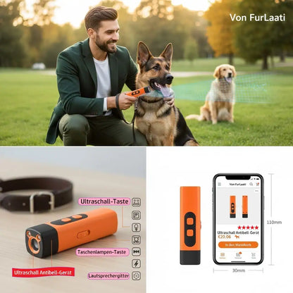 Orangefarbener Ultraschall-Hundetrainer von Von FurLaati – Professionelles Antibell-Gerät mit Hochfrequenz-Ultraschall, LED-Lichtern und einstellbaren Modi zur effektiven Hundeerziehung.