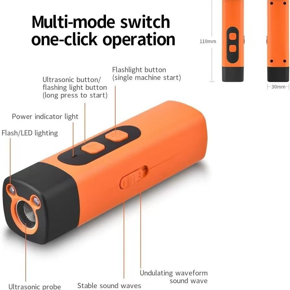 Orangefarbener Ultraschall-Hundetrainer von Von FurLaati – Professionelles Antibell-Gerät mit Hochfrequenz-Ultraschall, LED-Lichtern und einstellbaren Modi zur effektiven Hundeerziehung.