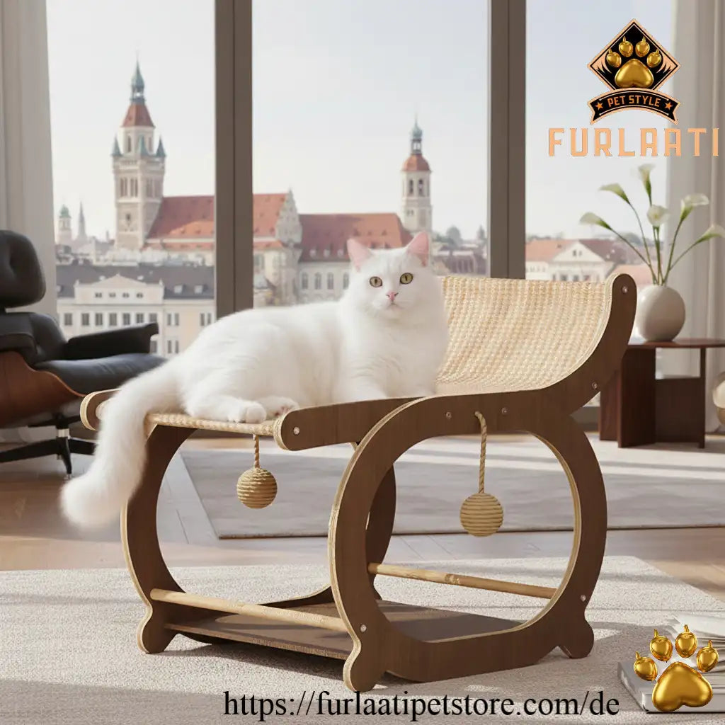 White cat lounging on a wooden cat shelf with a cityscape view through large windows.