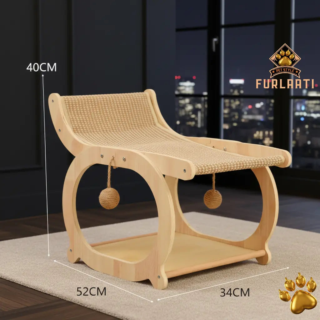 Wooden cat scratcher with dimensions and Furlaati logo on a dark background