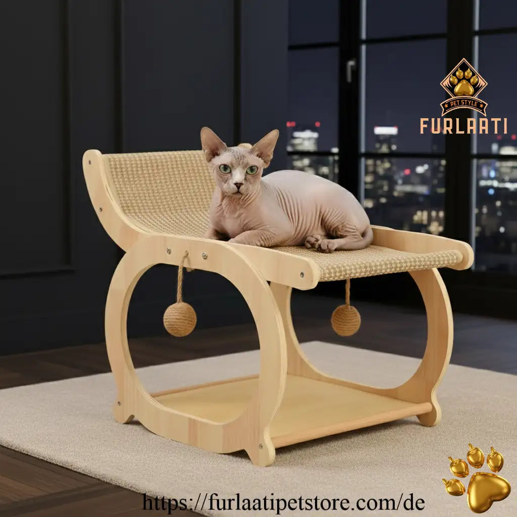 Cat sitting on a wooden cat shelf with a blurred cityscape background, featuring the Furlaati brand.