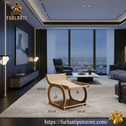 Modern living room with a cat tree and Furlaati logo