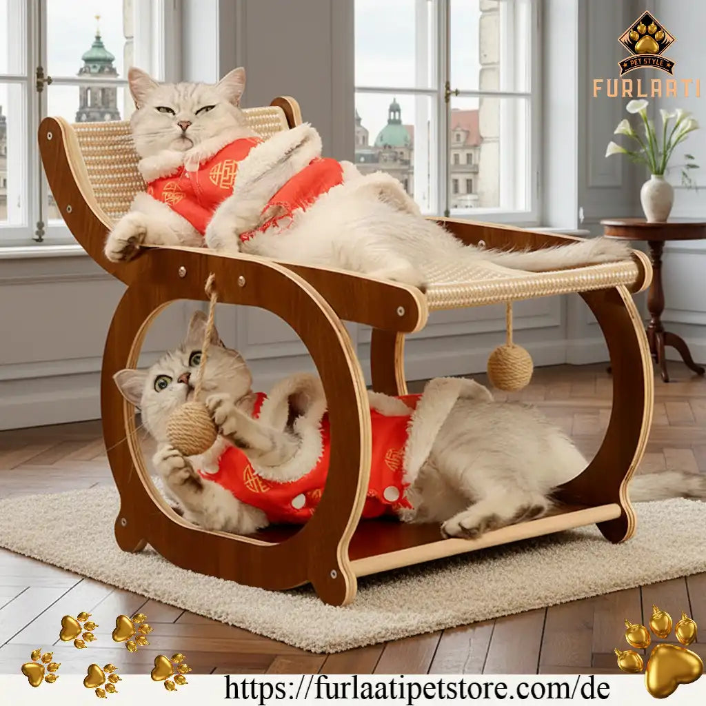 Two cats in red outfits playing with a wooden pet swing in a room with large windows.