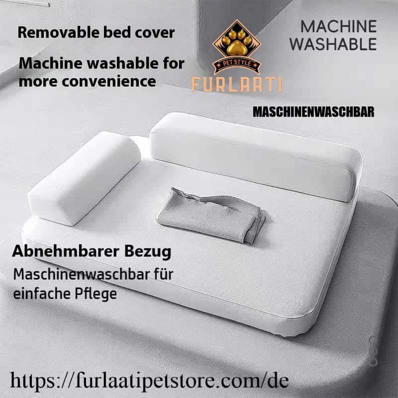 Pet bed with removable cover and machine washable feature, Furlaati brand visible