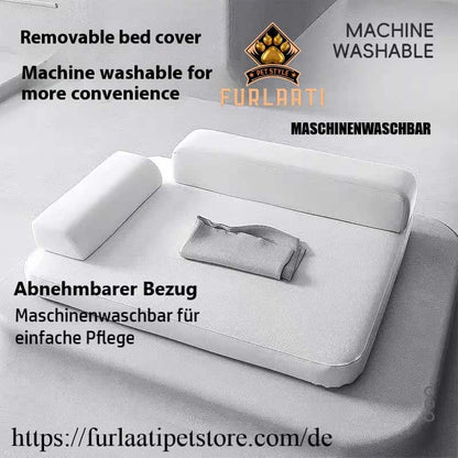 Pet bed with removable cover and machine washable feature, Furlaati brand visible
