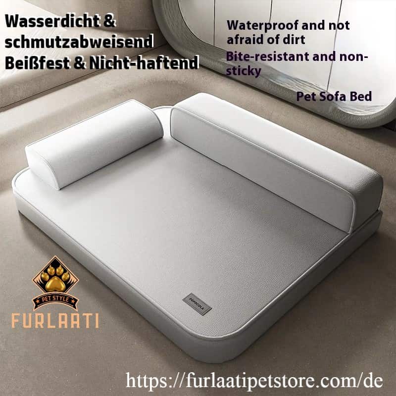 Pet sofa bed with text highlighting features and Furlaati brand logo.