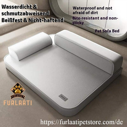Pet sofa bed with text highlighting features and Furlaati brand logo.