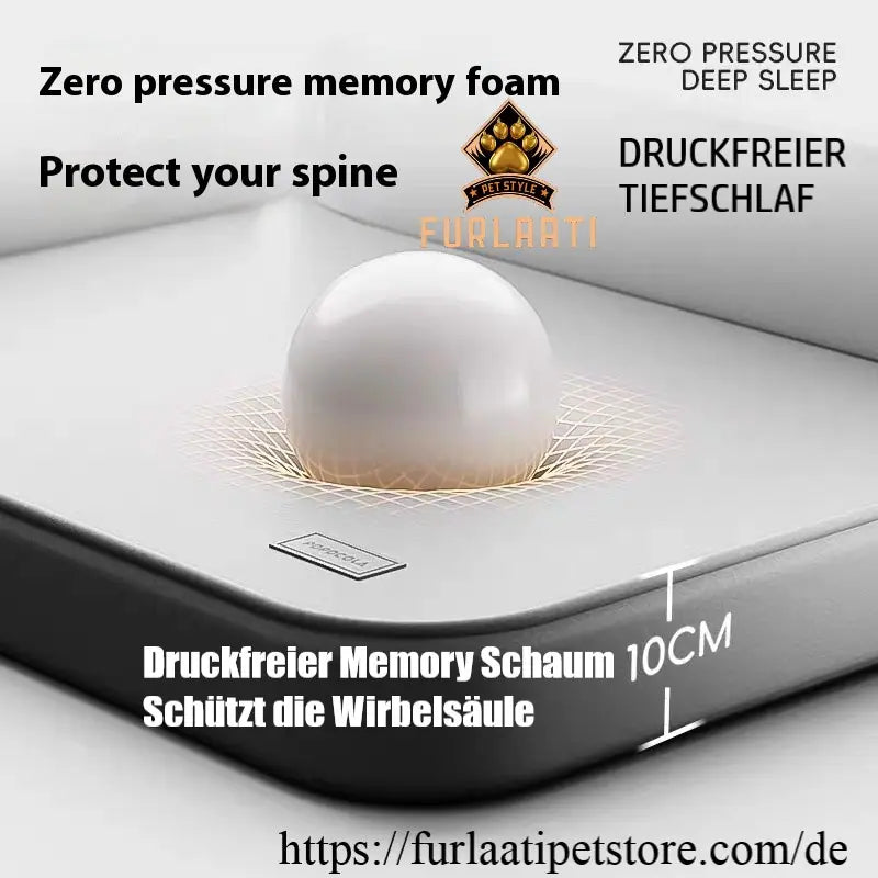 Memory foam product with text highlighting zero pressure and spine protection on a white background.