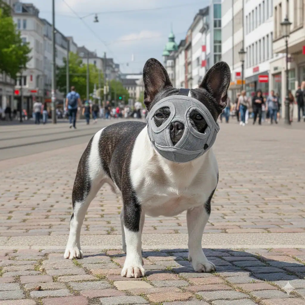 Dog wearing a muzzle on a city street