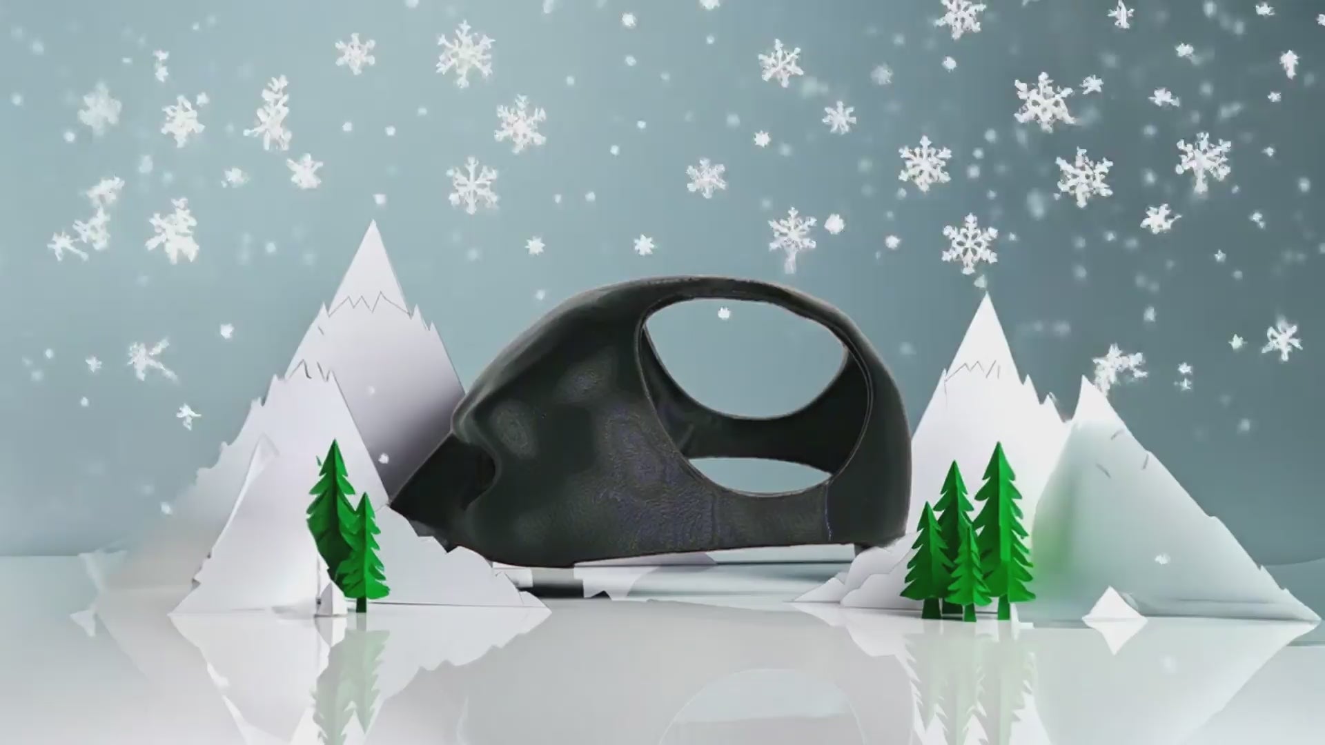 Animiertes Video der Batman Katzenmaske von Von FurLaati mit realistisch fallendem Schnee und winterlichem Hintergrund – festliche Mode für Katzen.